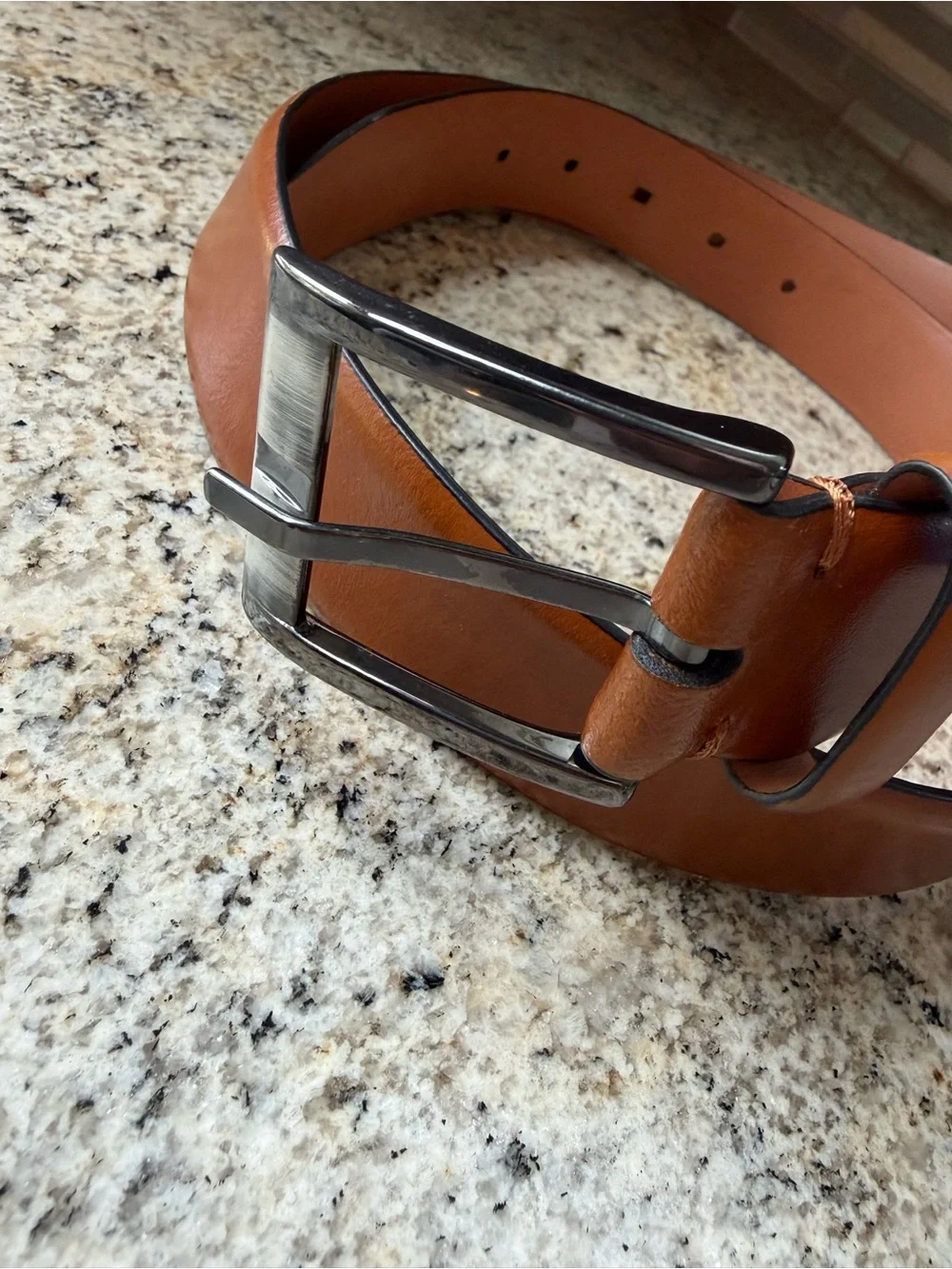 Trafalgar Cameron Tan Italian Leather Dress Belt Stitch Edge Silver Tone Buckle